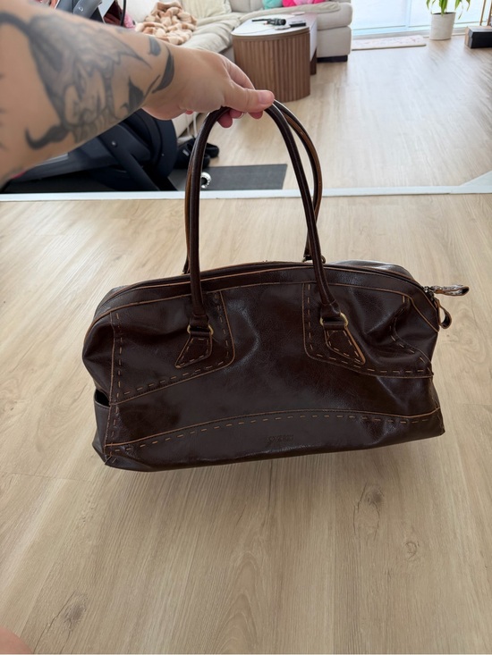 Handbags - Vintage Brown Faux Leather Bowling Bag Style with Contrast Stitching